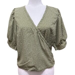 NWT Abercrombie‎ & Fitch Green White Polka Dot Blouse Wrap Front Women Sz L